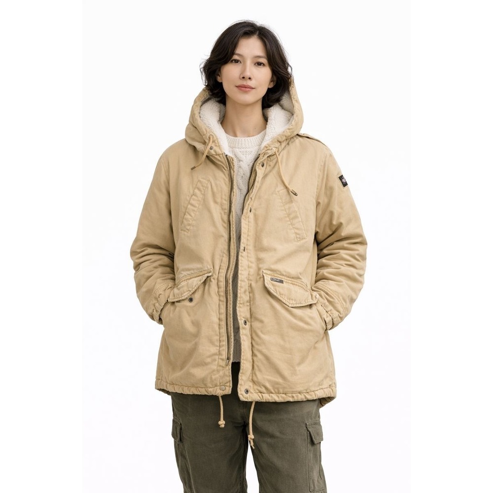 Superdry The Rookie Utility Tan Sherpa‎ Lined Parka Jacket Destroyed Womens Sz 6